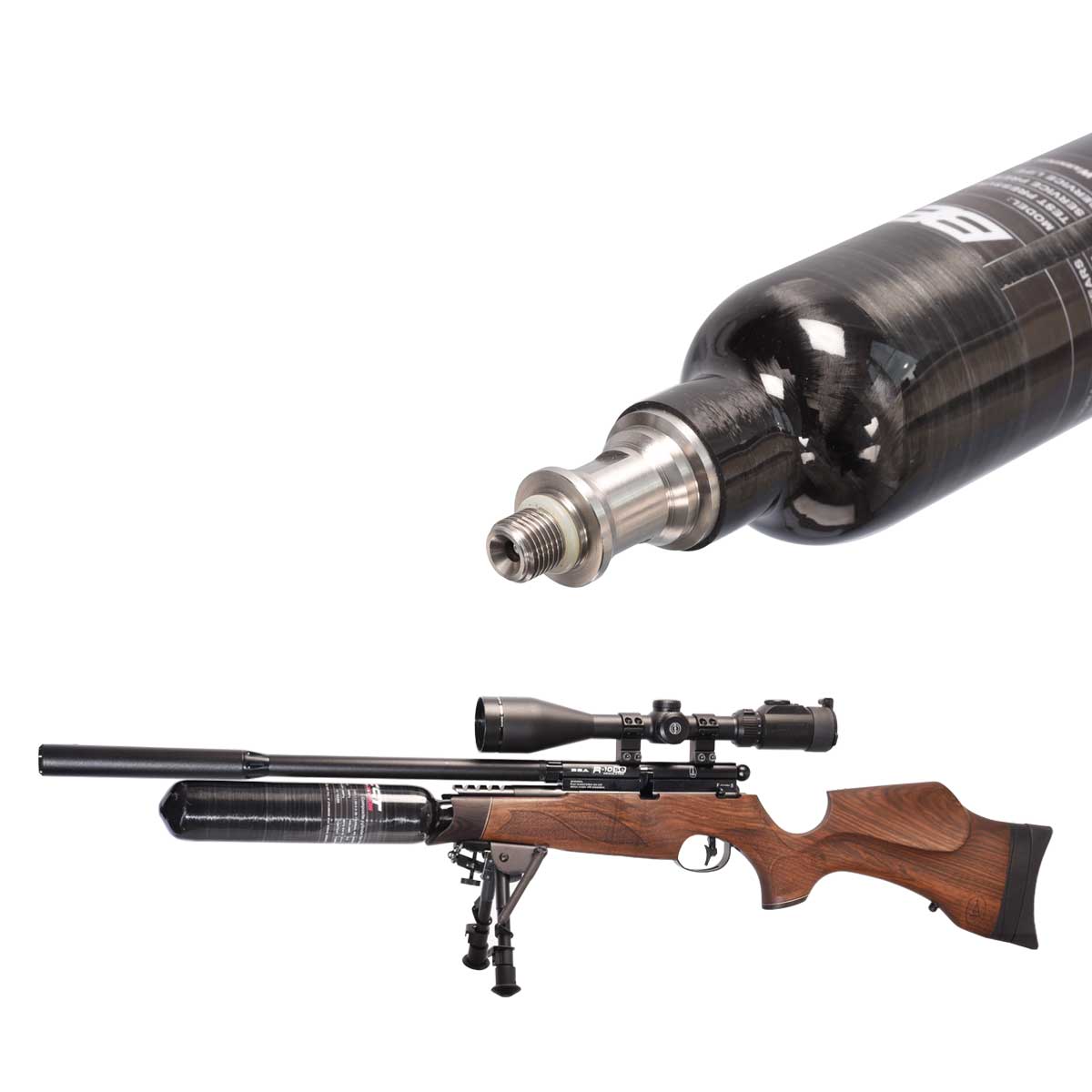 BSA R10, BSA R10 Regulated, Shrouded and R12 CLX SLX – Extra Capacity Aluminium and Carbon Fibre Buddy Bottles – No Stock Modifications Required!